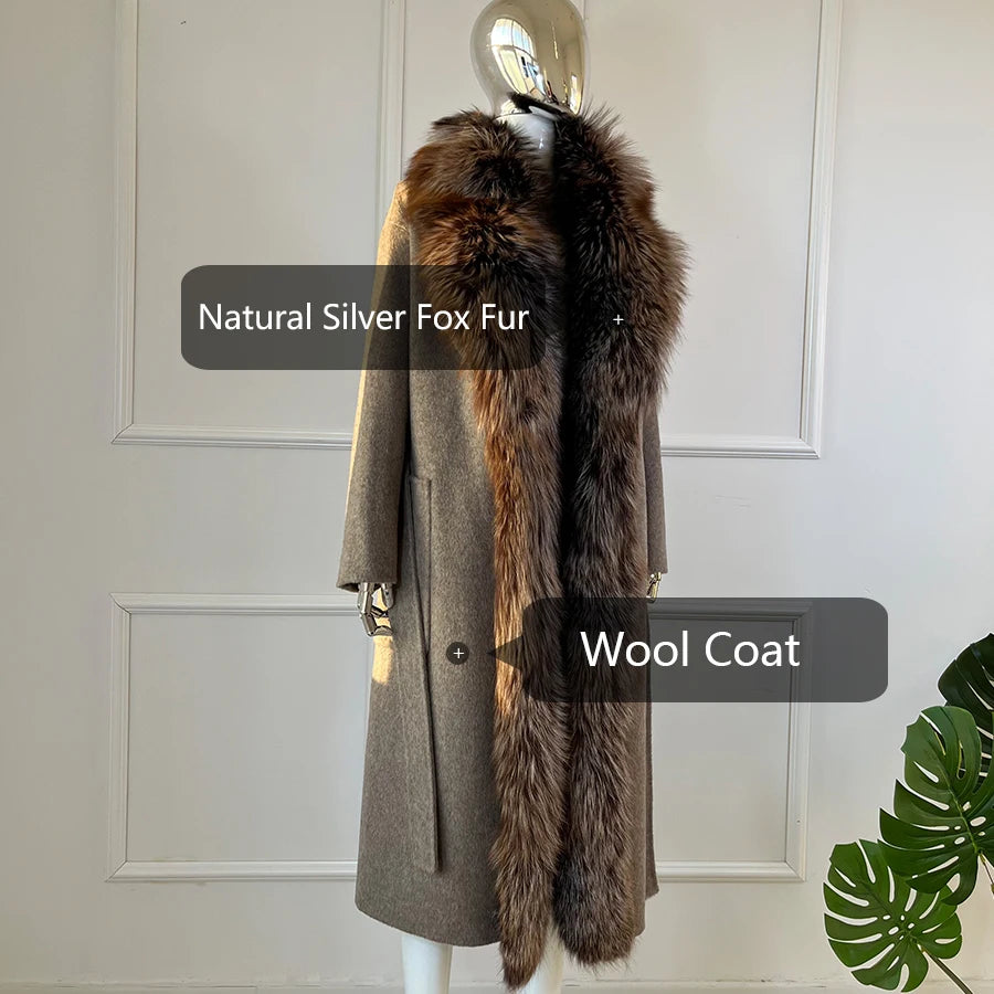 Cashmere Wool Long Coat Real Fur Collar