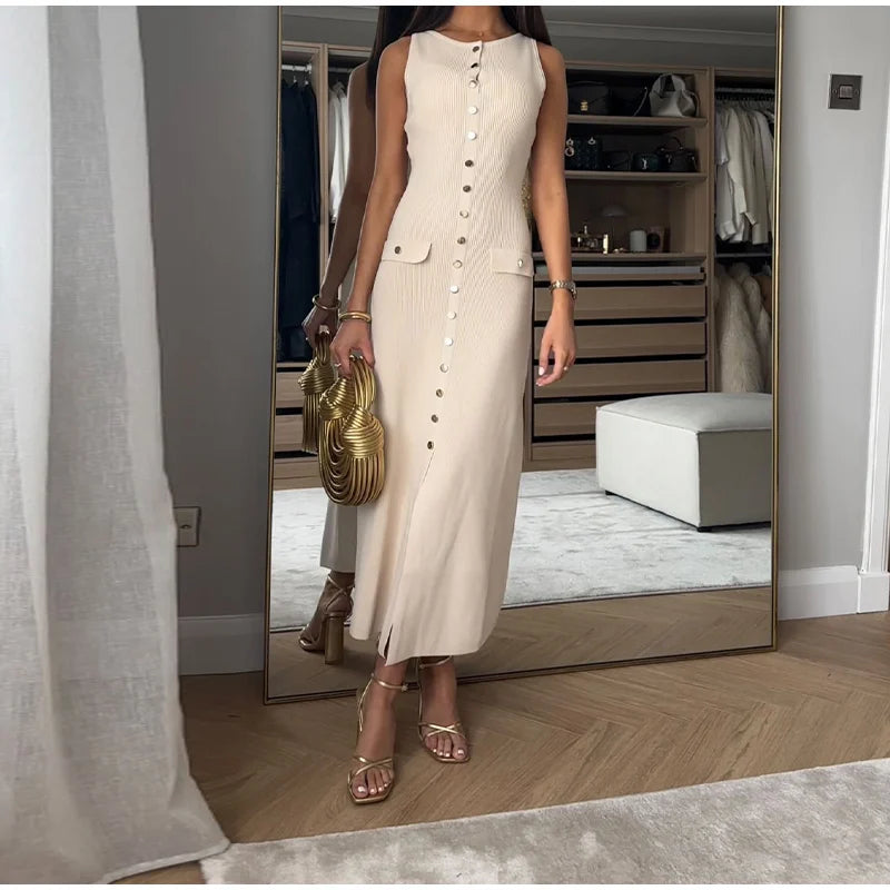 Knitted Sleeveless Button Up Long Dresses