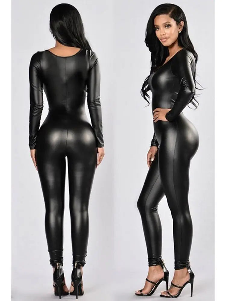 PU Leather Elastic Long Sleeve Jumpsuit