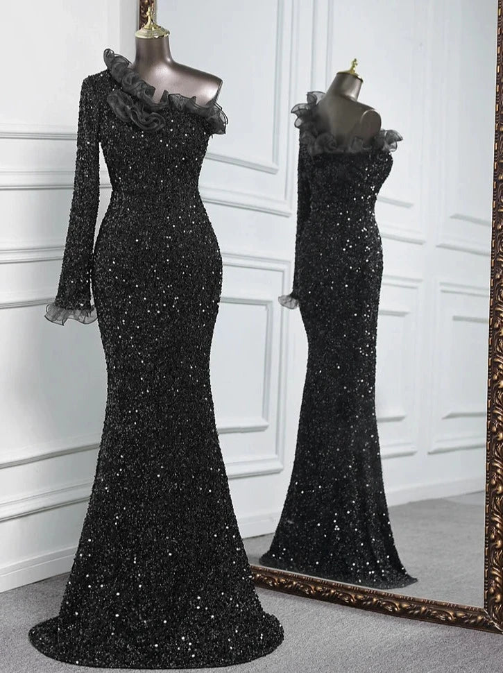 Sequins One Sleeve Lace Floor-Length Dresses