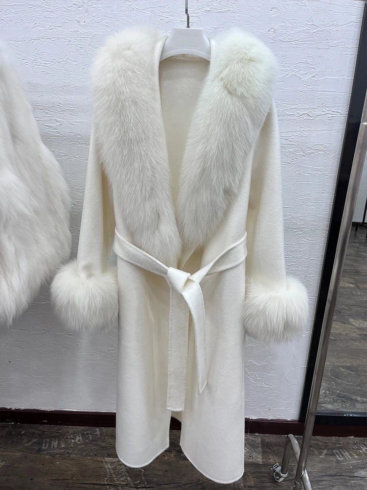 Long Cashmere Wool Coats Real Fur Collar & Cuffs