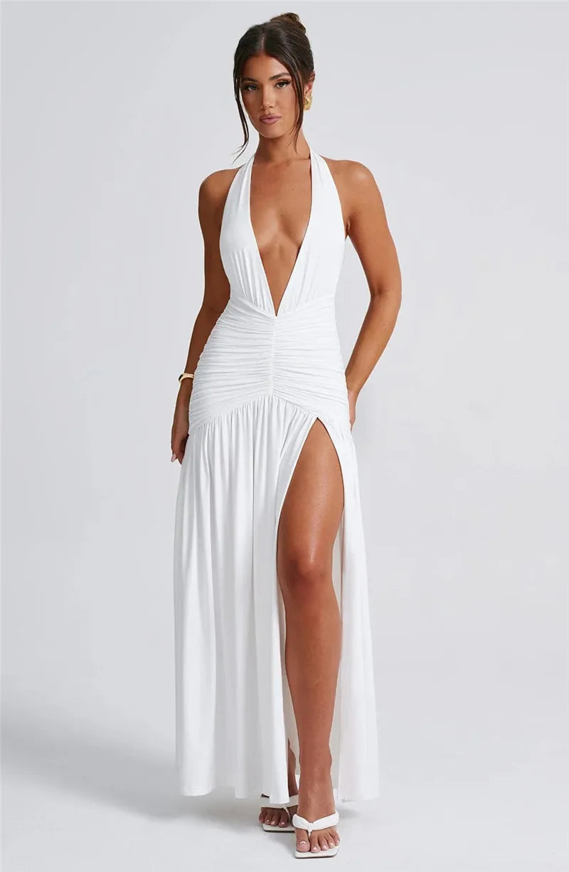 Halter Deep V Thigh High Split Maxi Dresses