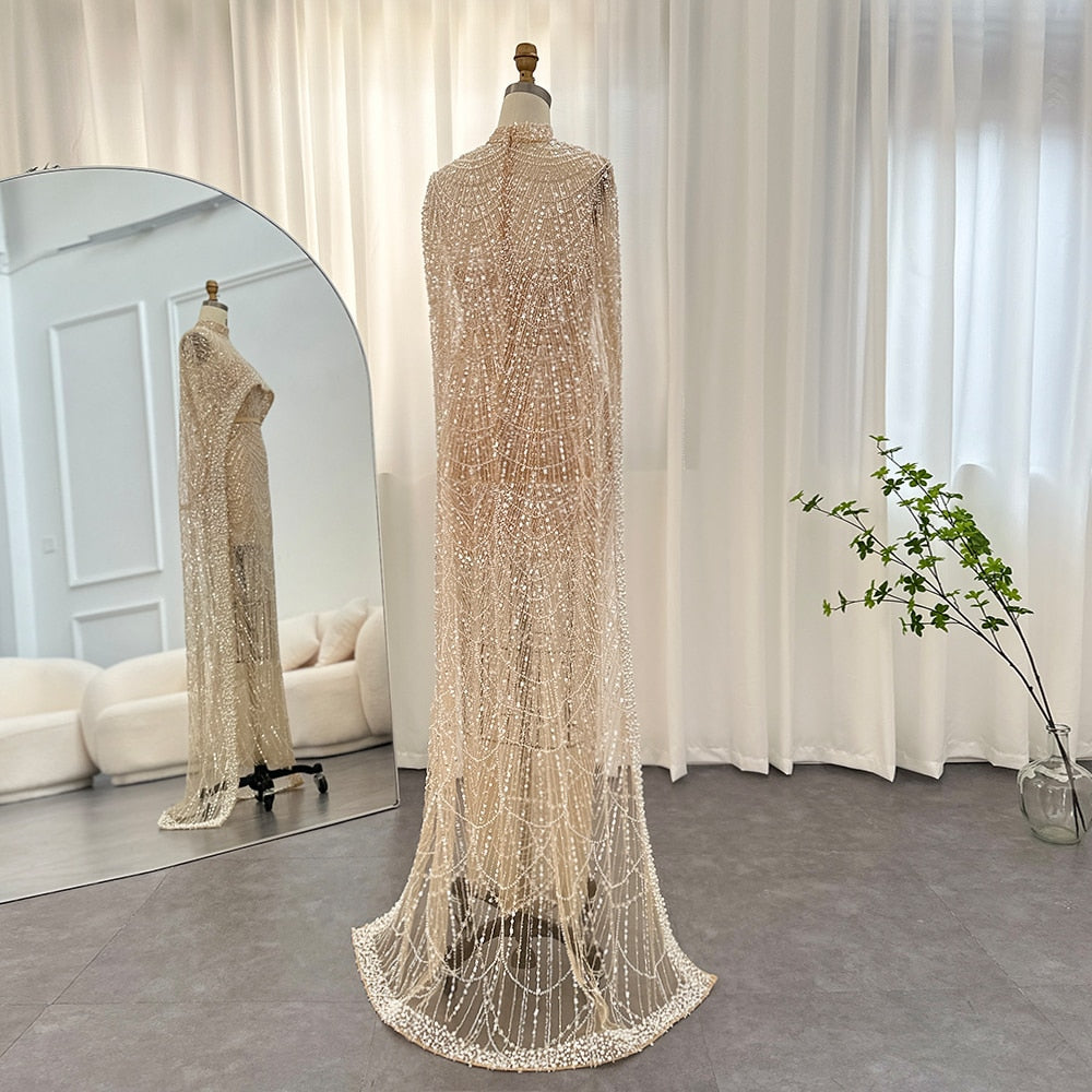 Pearl Mesh Cape Floor-Length Dresses