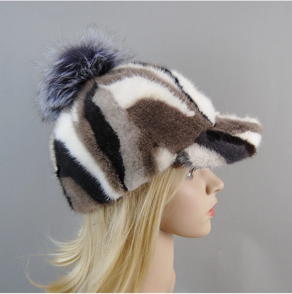 Colorful Real Mink Fur Bomber Hats Fur Pompom