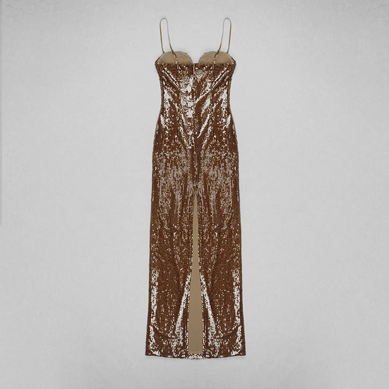 Brown Sequins Strap Sleeveless Maxi Dress