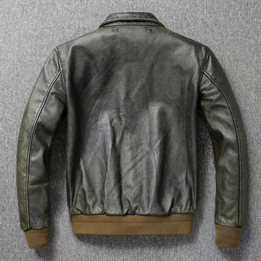 Green Genuine Leather Flight Jacket