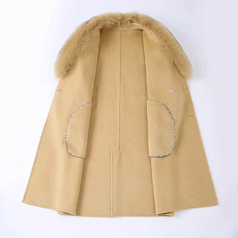 Real Wool Detachable Big Real Fox Fur Collar Long Coats