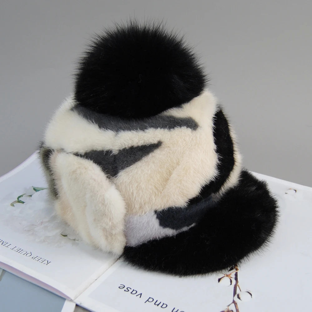 Colorful Real Mink Fur Bomber Hats Fur Pompom