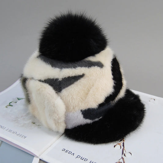 Colorful Real Mink Fur Bomber Hats Fur Pompoms