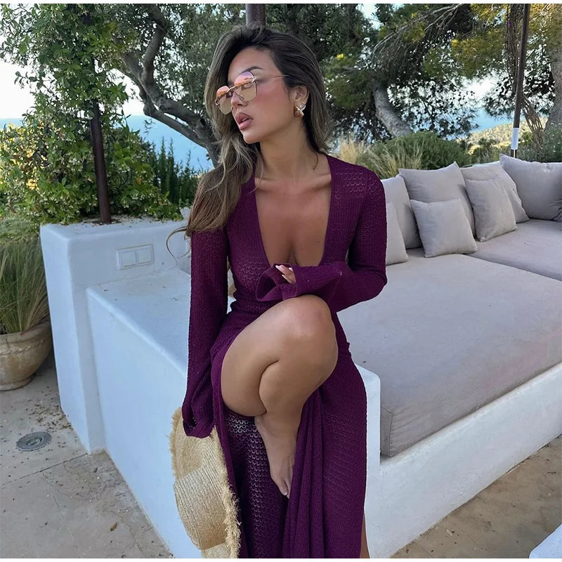 Open Deep V Flare Sleeve High Slit Maxi Dresses