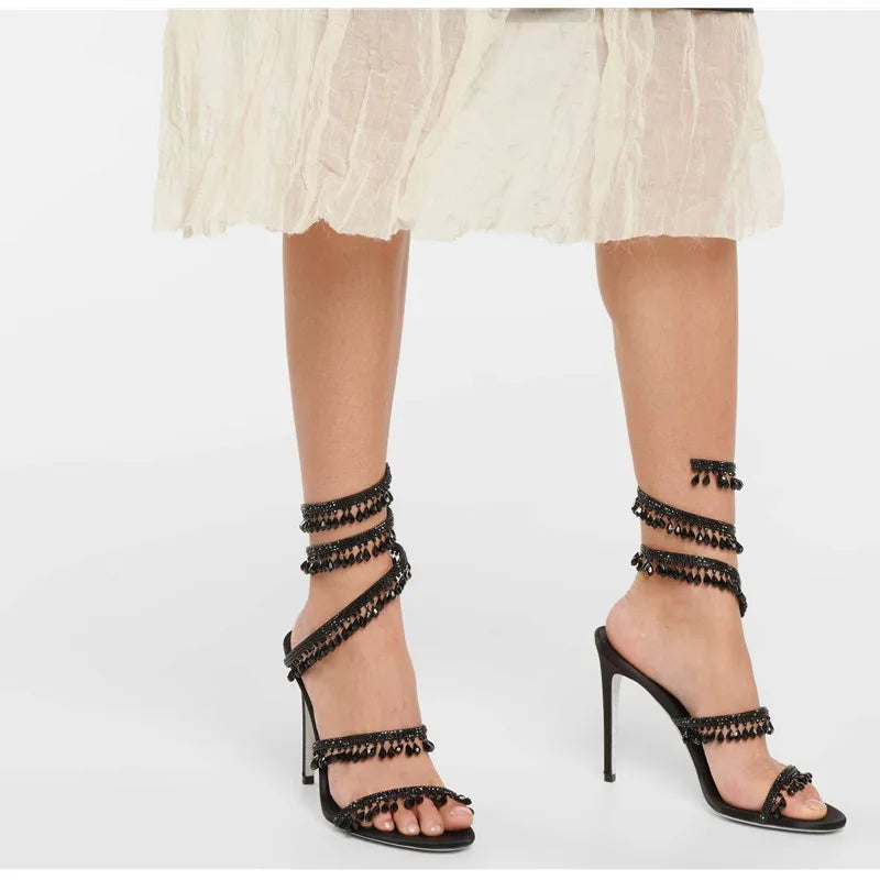 Crystal Pendant Tassels Twine Around Ankle High Heels