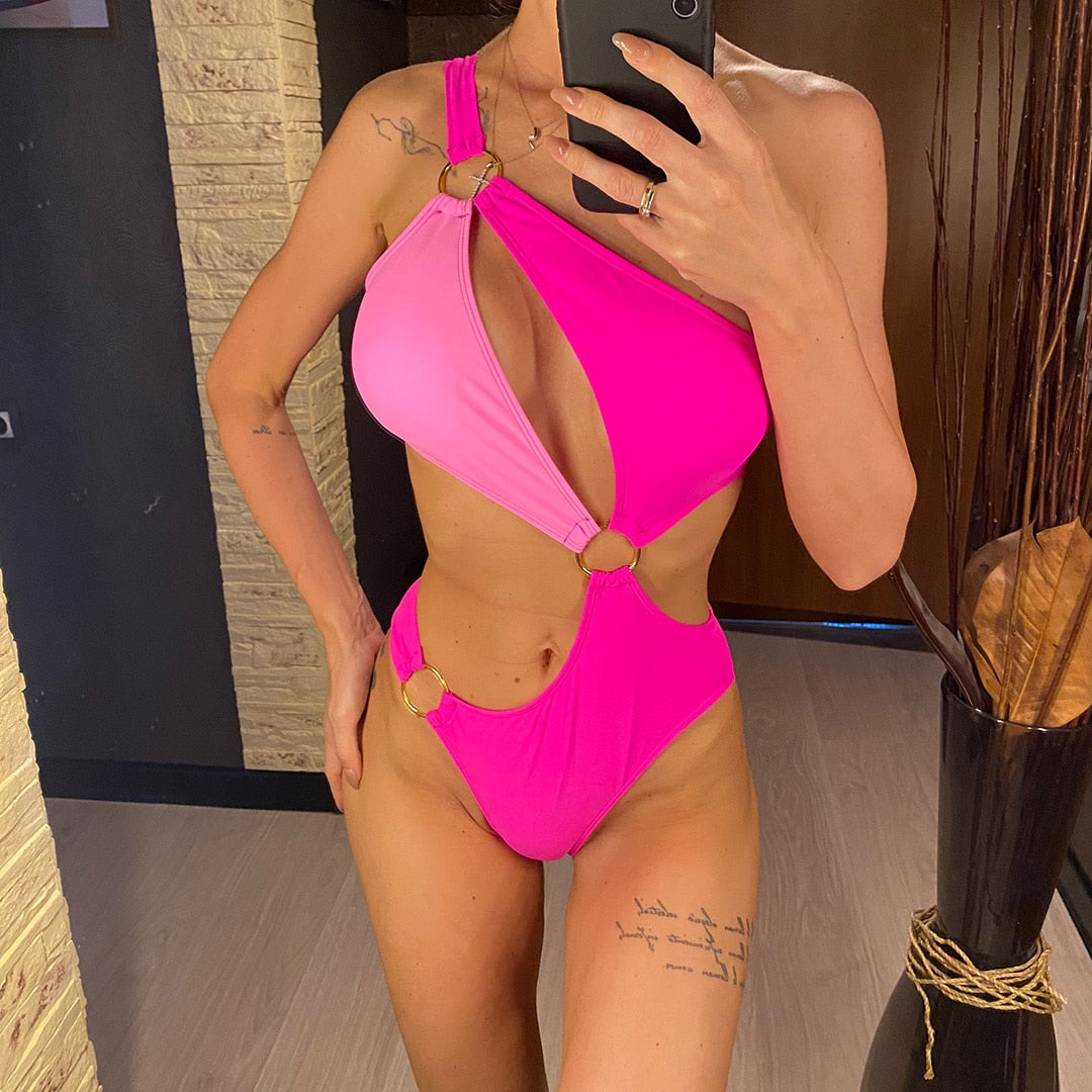 Pink One Shoulder Cut Out Monokini