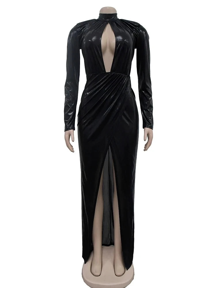 Metallic Long Sleeve High Side Split Maxi Dresses