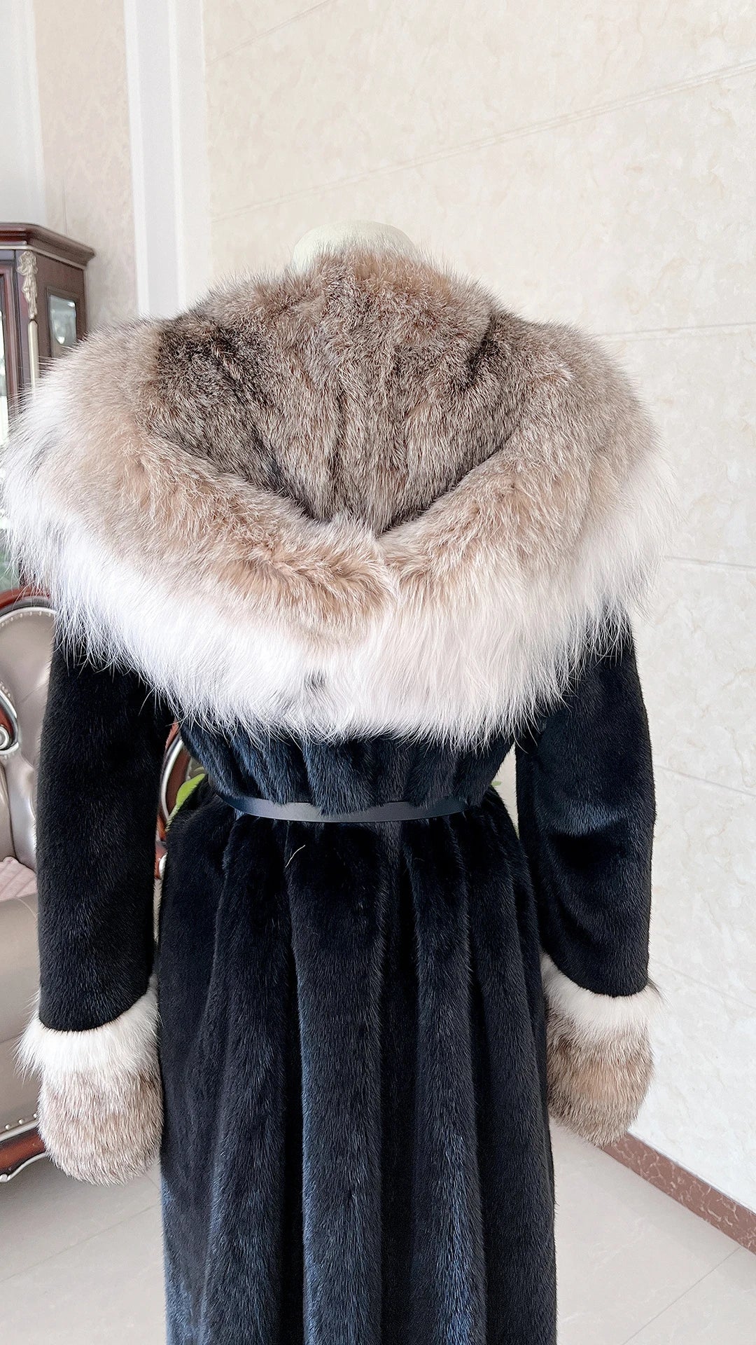 Luxury Lynx Collar Real Mink Fur Coats X-Long