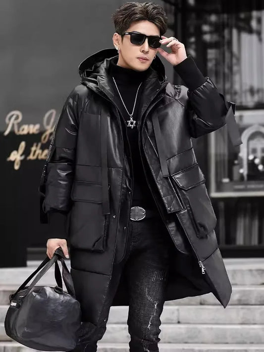 Genuine Leather Long Trench Down Coat Hooded