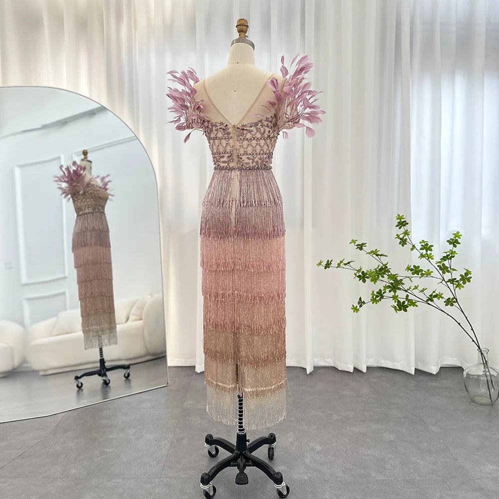 Lilac Shoulder Feathers Tassel Long Dress