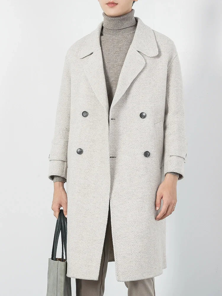 Herringbone Pattern Double-breasted Woolen Coat