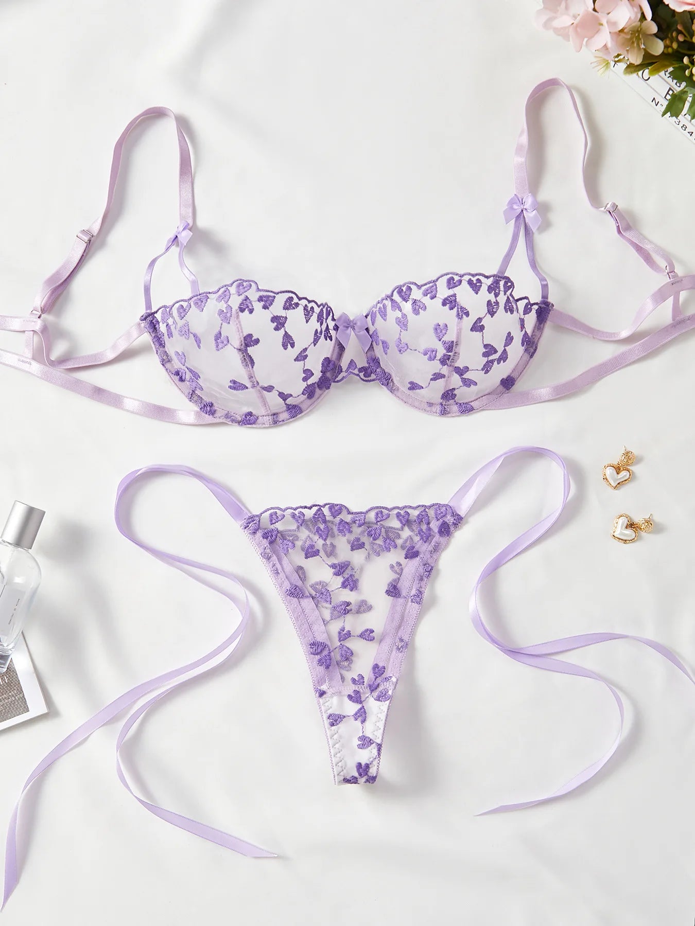 Mesh Heart Shaped Embroidery Bra & Thong Sets