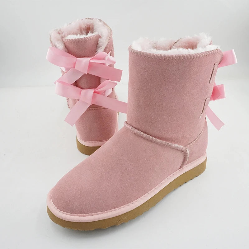 Genuine Leather Snow Boots Two Back Bow