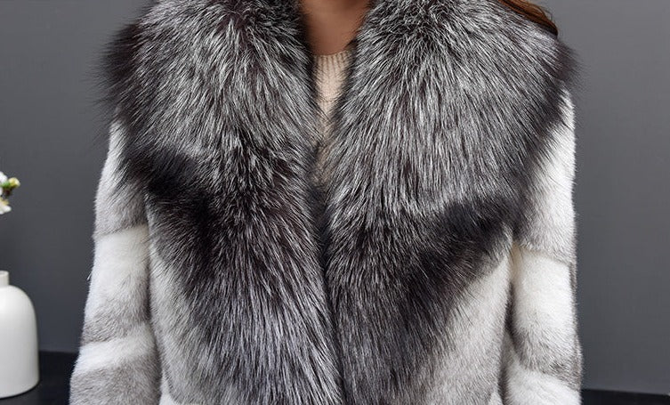 Real Mink Fur Coat Fox Fur Collar Mid-length