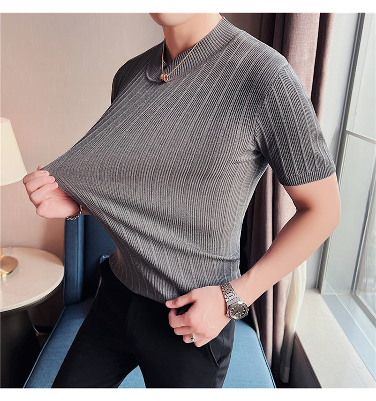 Ribbed Knitted Elasticity Half Collar T-Shirt