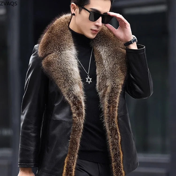 Genuine Leather Coat Real Fur Lining Collar