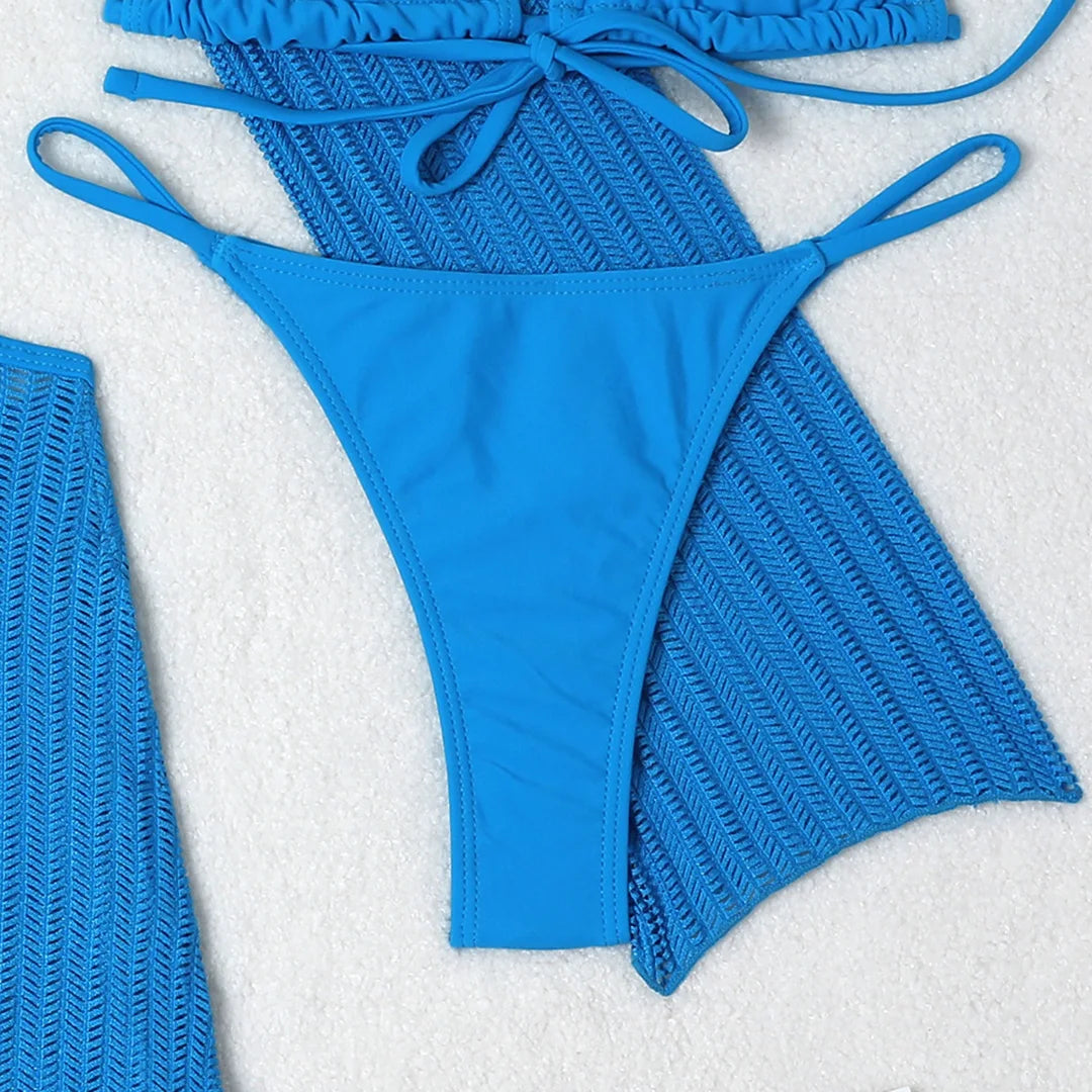 Knitted Sleeved Cover Up & Halter Bikini Sets