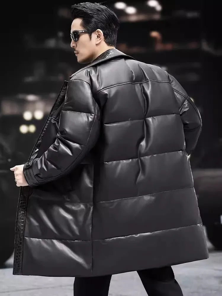 Genuine Leather Down Coat Single Breasted Long