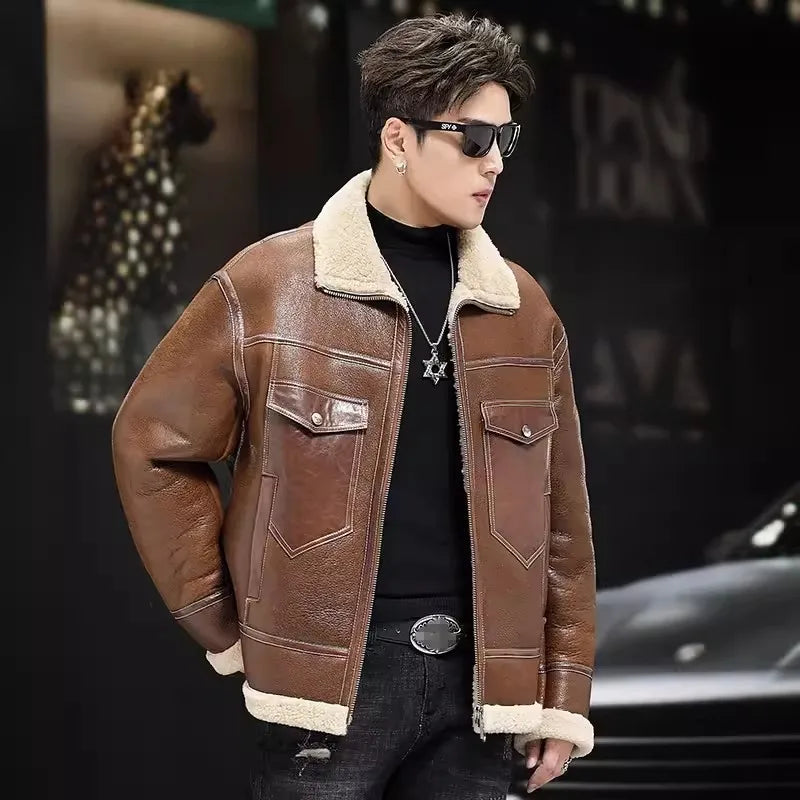 Luxury Genuine Leather Jacket Real Fur Shearling Liner