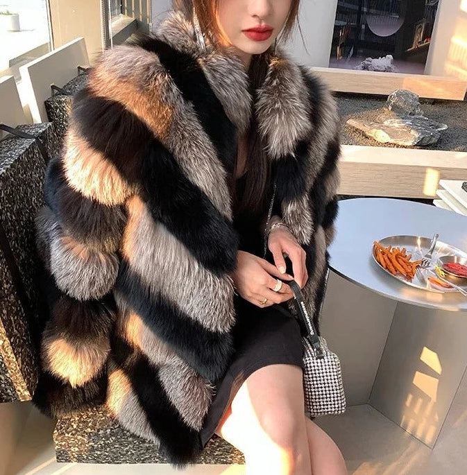 Silver & Black Pattern Real Fox Fur Coats