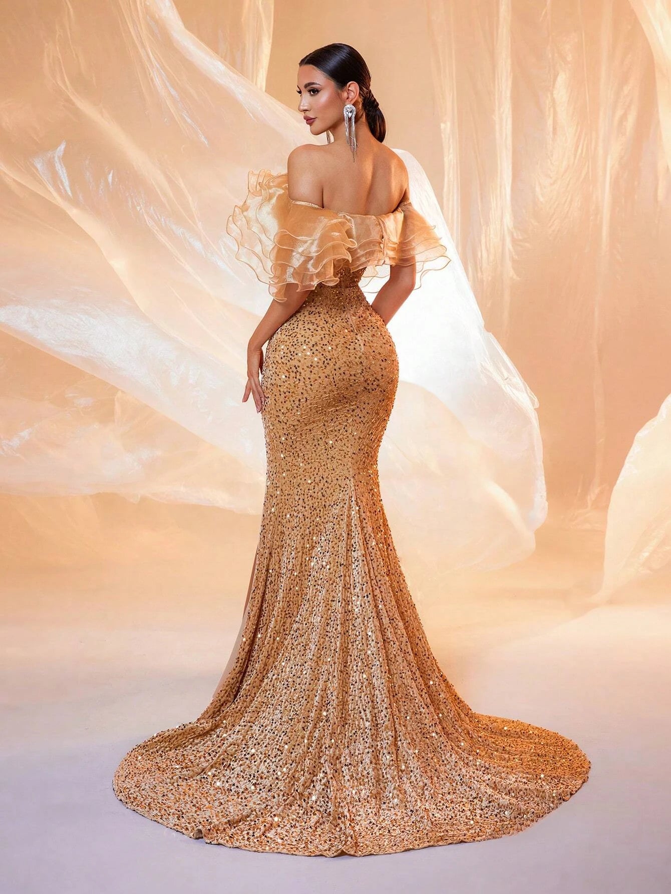 Off-Shoulder Sequin Slit Long Mermaid Dress