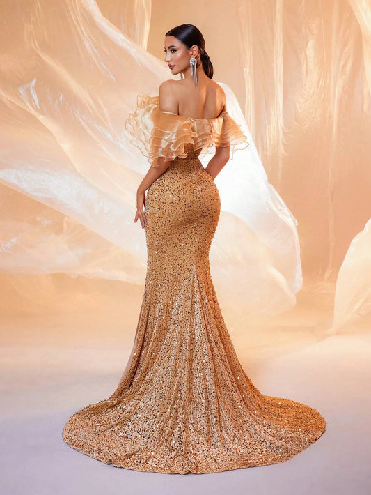 Off-Shoulder Sequin Slit Long Mermaid Dress