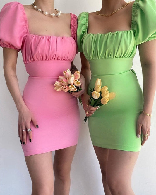 Puff Sleeve Backless Mini Dresses