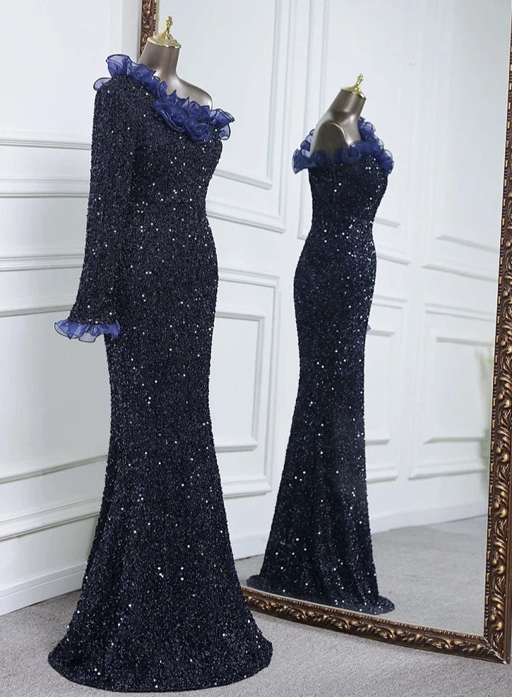 Sequins One Sleeve Lace Floor-Length Dresses