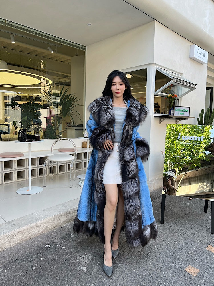 Luxury Real Rabbit Fur X-Long Coats Real Fur Lapel Collar