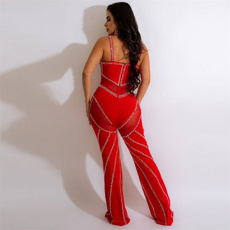 Diamonds Mesh Backless Flare Pants Jumpsuits