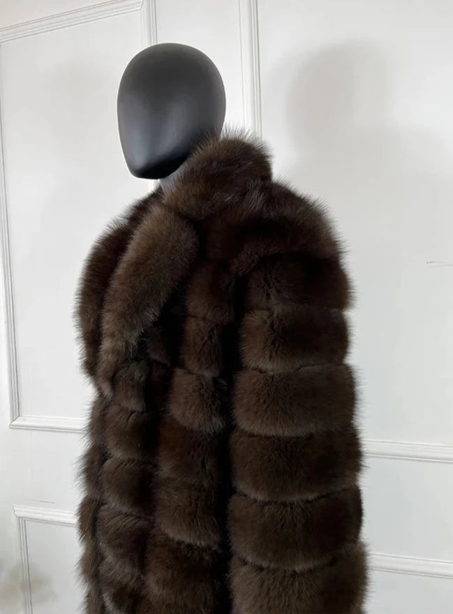 Brown Pattern Real Fox Fur Long Coat