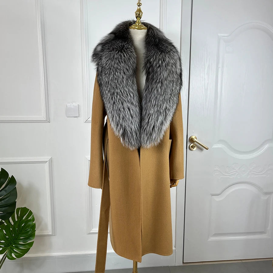 Cashmere Long Wool Coat Big Real Fur Collar Cuffs