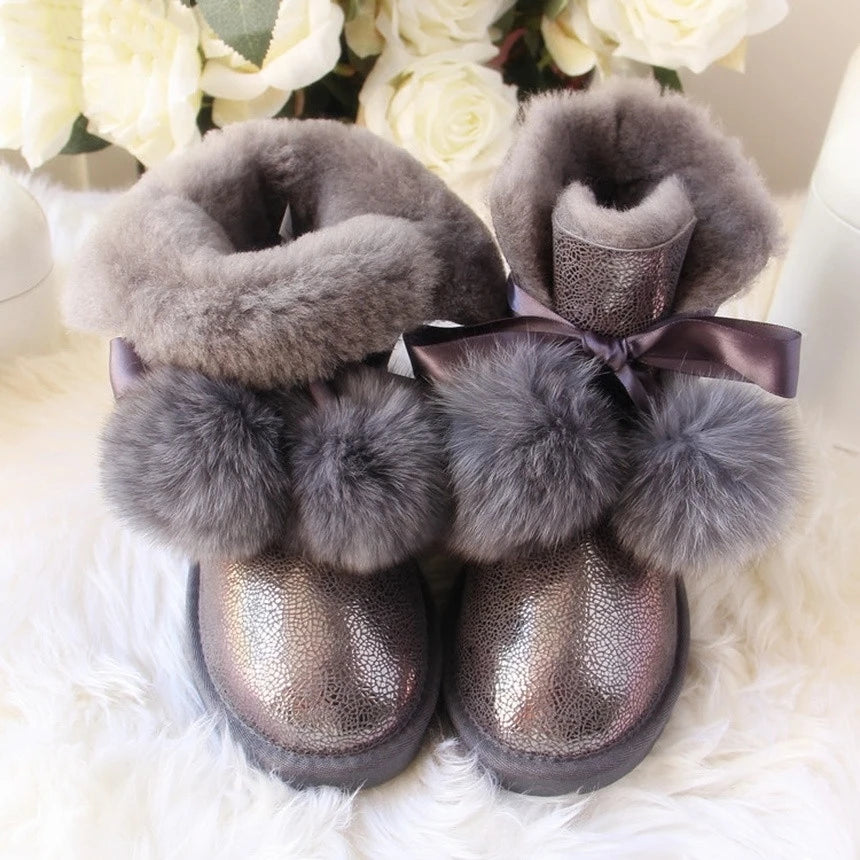 Waterproof Genuine Fur Ball Wool Snow Boots