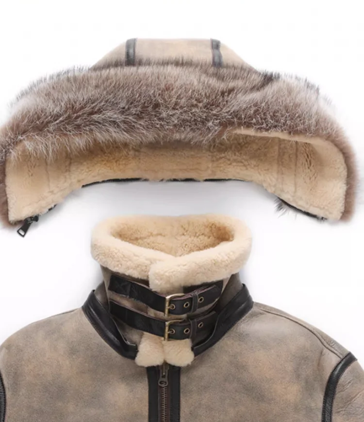 Genuine Leather Hooded Wool Lining Real Fur Coat