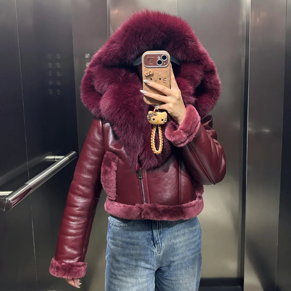 Genuine Leather Coat Shearling Liner Big Fur Collar Hooded