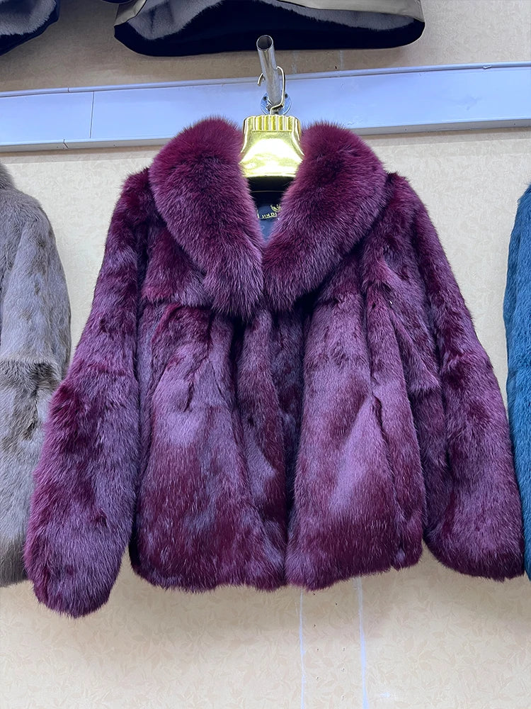 Short Real Rabbit Fur Coats Fox Fur Collar