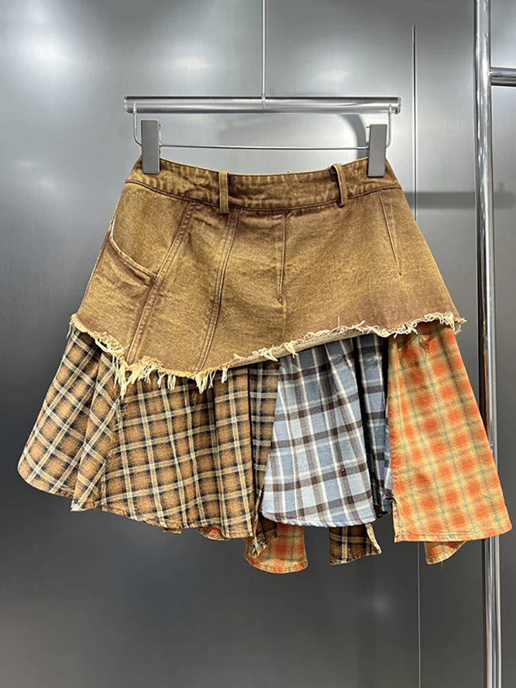 Denim Patchwork Irregular Plaid Mini Skirt