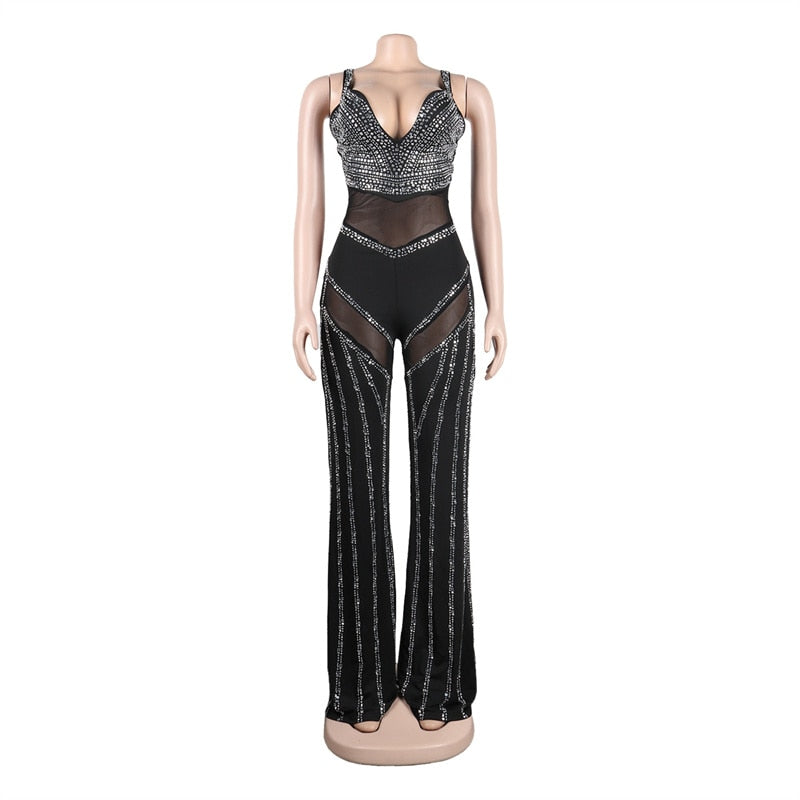 Diamonds Mesh Backless Flare Pants Jumpsuits