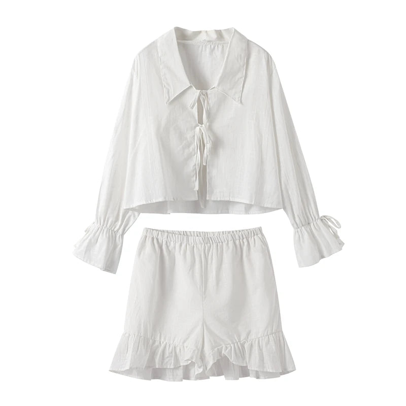 Tie Lantern Sleeve Blouse & Ruffles Shorts Sets