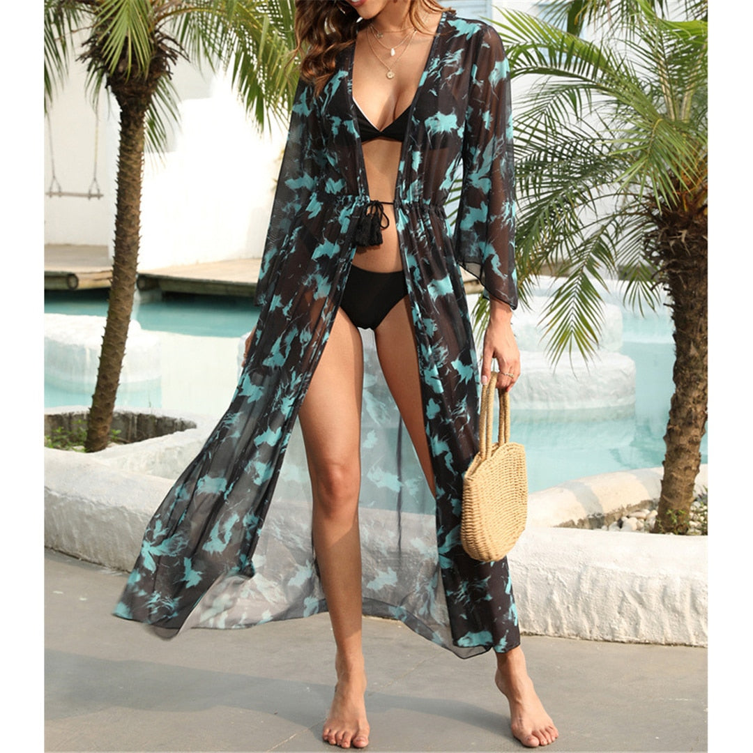 Print Long Sleeve With Belt Tunic Beach Cover Up