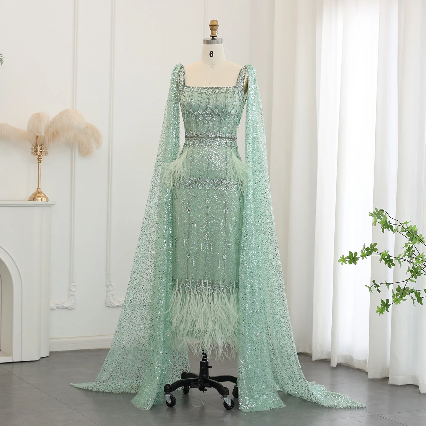 Rhinestone Feather Cape Sleeve Formal Dresses