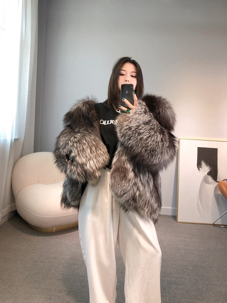 Luxury Dark Silver Real Fur Hooded Coat