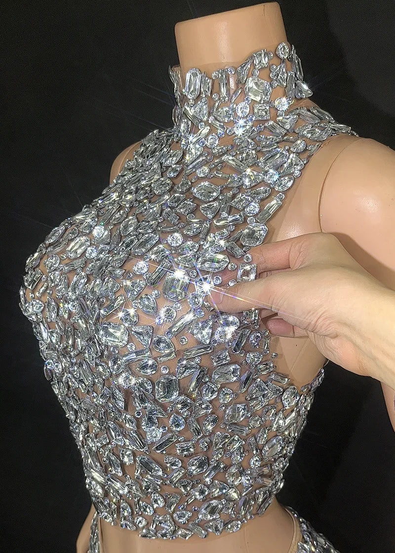 Sleeveless Crystal Diamond Mini Skirt Set