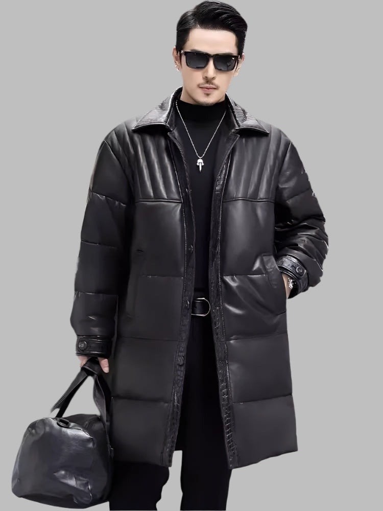 Genuine Leather Down Coat Single Breasted Long